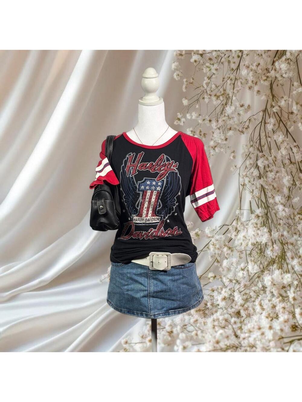 HARLEY-DAVIDSON RHINESTONE RAGLAN TEE BLACK RED